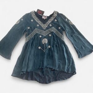 Roja Embroidered Tunic Top Indigo Ivory V-Neck Bell Sleeve Boho Small India Made